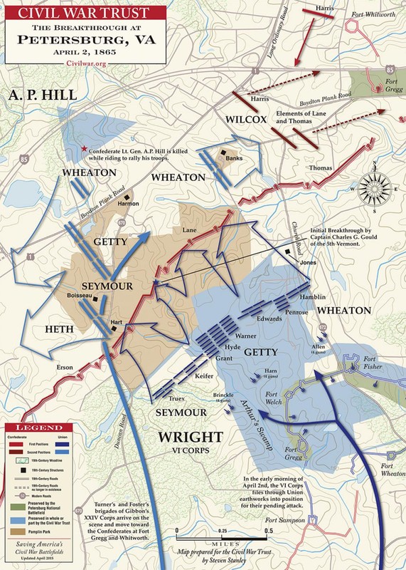 A map of the Breakthrough at Petersburg,  which occurred on April 2, 1865, which led the Confederates to abandon Petersburg and Richmond. Courtesy the Civil War Trust.