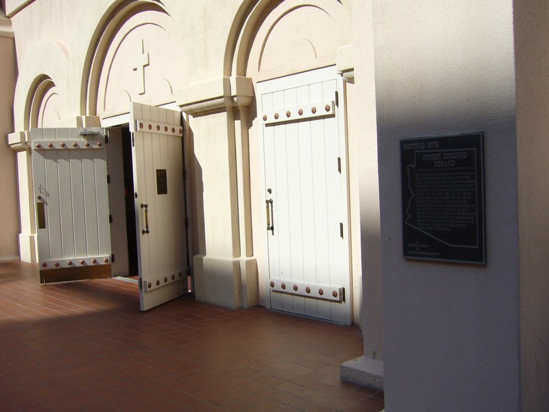 Front entrance to St. Mary's Basilica. Note Marker is to the right of the doors. 2010. (Bill Kirchner/hmdb.org)