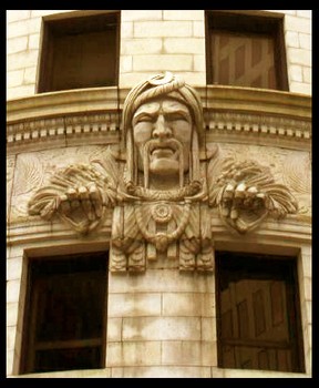 Close-up of the Turk's Head which adorns the front entrance.