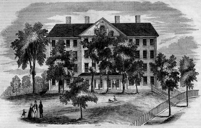 The Bangor Theological Seminary as pictured in an engraving that was published in December of 1853 in "Gleason's Pictorial Drawing-Room Companion." Public domain photograph provided by Wikimedia Commons.