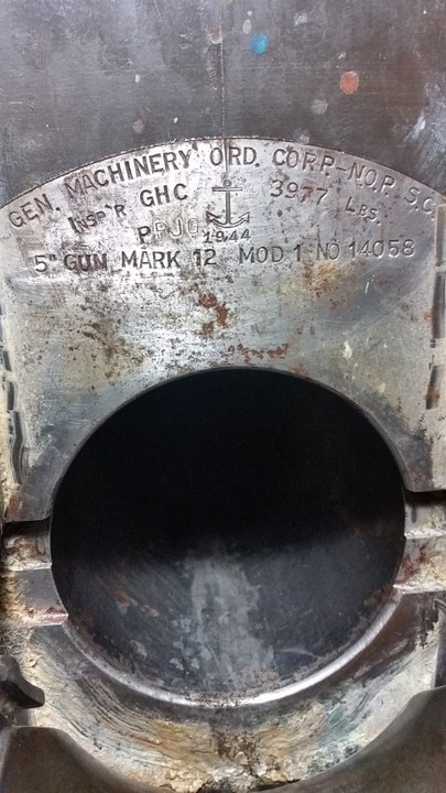The NOP foundry mark on a 5-inch, 38-caliber gun on the USS Iowa, "Battleship of Presidents," which transported President Roosevelt to his meeting in Tunisia with Churchill and Stalin. Twenty 5" guns comprised the Iowa-class's secondary battery.