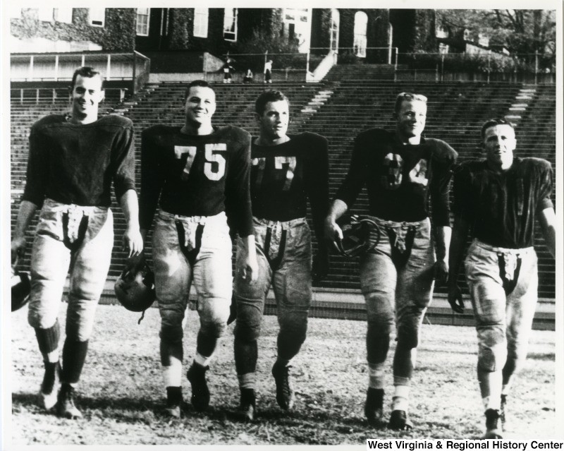 Mountaineers after practice in 1955, amid a successful decade for WVU football.