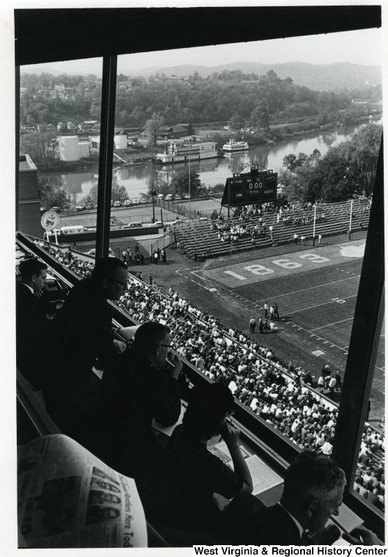 View of the field and Monongahela River from the press box, ca. 1965-71.