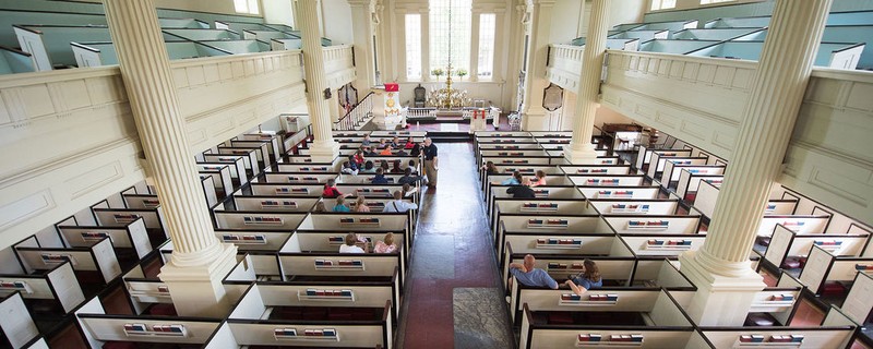 The simple yet elegant interior of Christ Church as seen from the back balcony.