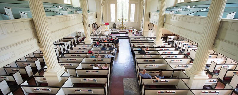 The simple yet elegant interior of Christ Church as seen from the back balcony.  