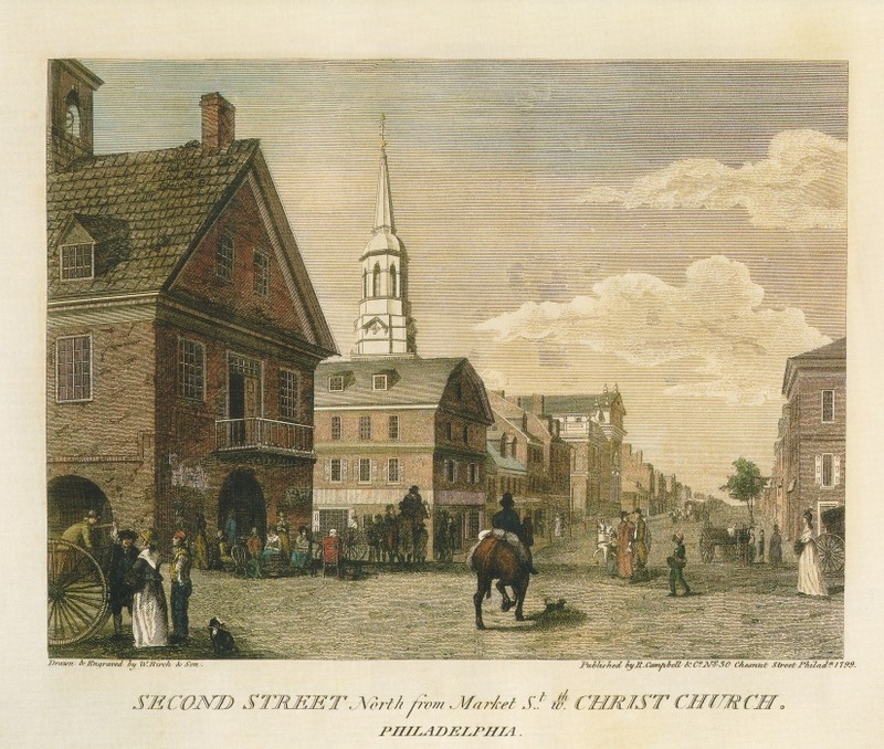 An 1800 view of Christ Church as drawn in a plate from "Birch's Views of Philadelphia."  