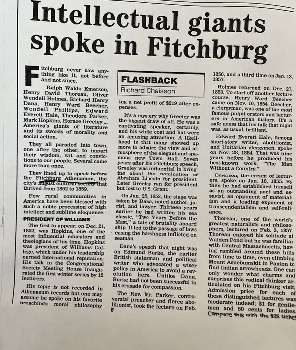 This newspaper article highlights the speakers at the Fitchburg Athenaeum and the impact they had on the community.