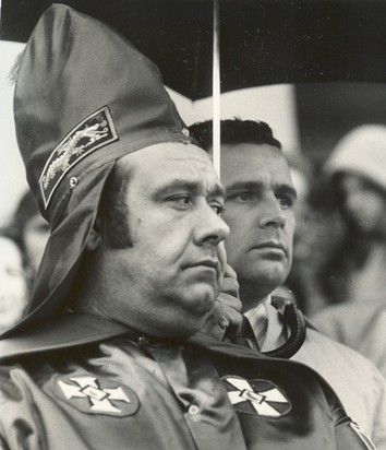 Reverend Marvin Horan, right, alongside KKK grand kleagle Dale Reusch at an anti-textbook rally outside the West Virginia State Capitol.