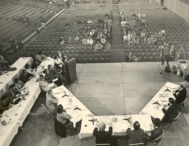 The ill-attended School Board meeting on Nov. 8, 1974 at the Charleston Civic Center.  Fewer than 100 people were present due to fears of violence.