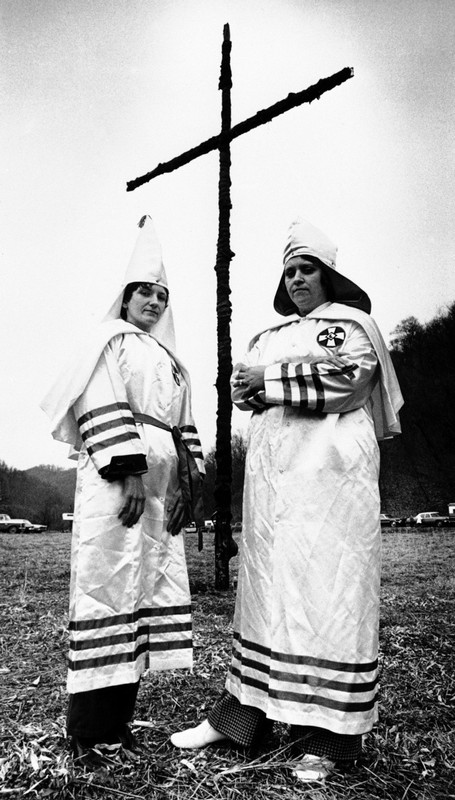 Women in Ku Klux Klan garb at at a 1975 Charleston anti-textbook rally. (Associated Press).