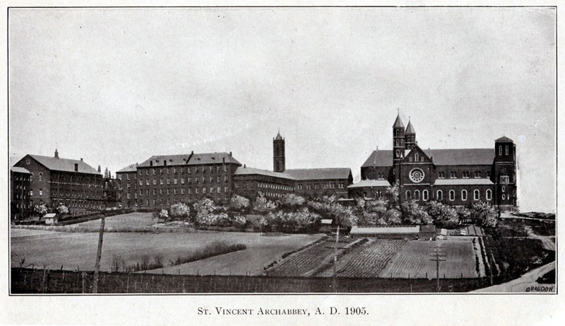 Saint Vincent Basilica and campus buildings in 1905. 