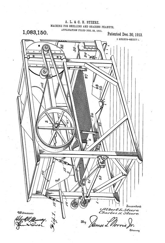 The 1913 peanut shelling and grading machine patented by Albert and Charles Steere. 