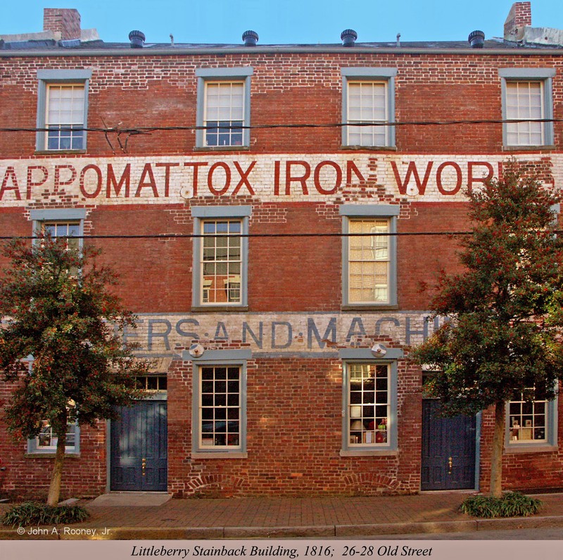 The Appomattox Iron Works machine shop was one of the few buildings spared in Petersburg's fire of 1815. It is the city's last remaining example of a commercial building in which the living quarters were housed in an apartment under a separate roof.