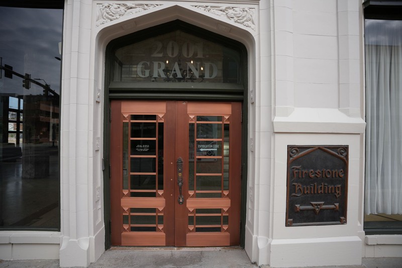 A photo of the front entrance to the building