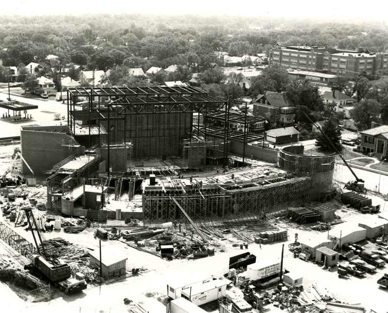 Black and white photo of the Bartlesville Community Center under construction.