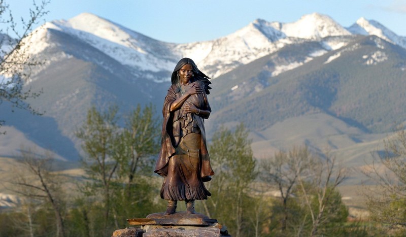 "SACAGAWEA CAST IN BRONZE NEAR SALMON, IDAHO. PHOTOGRAPHY BY JIM FOSTER"