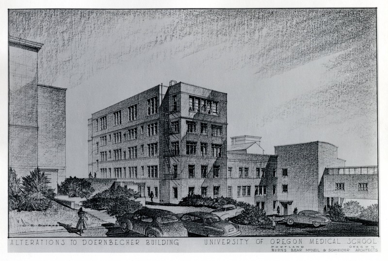 Digital scan of an artists rendering of the exterior of the Doernbecher Memorial Hospital for Children, showing proposed alterations. The illustration includes a building, 1950s stsye cars, and several human figures outside.