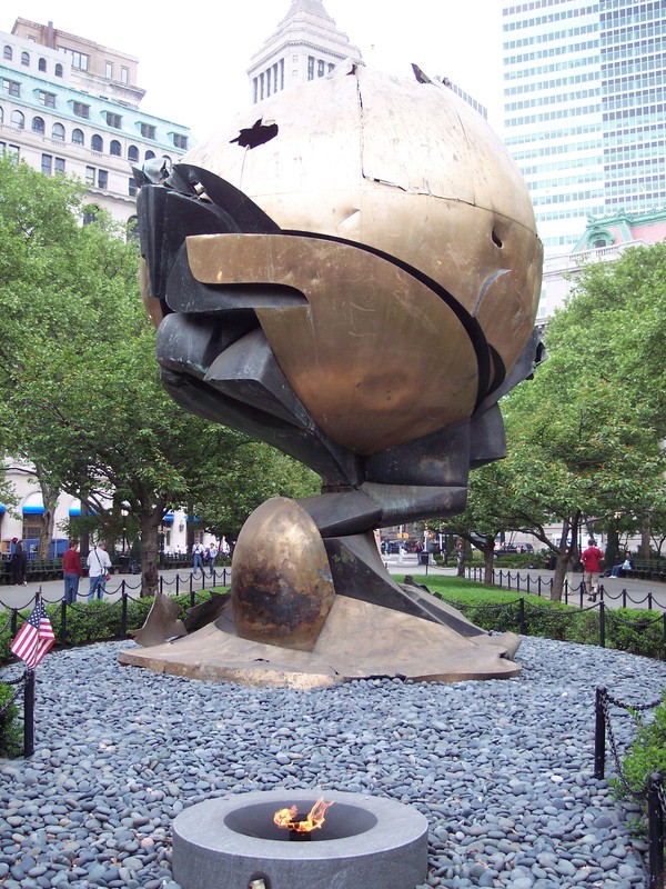 The Sphere as it appeared in Battery Park where it stood for fourteen years before "returning home" to the area near Ground Zero. 