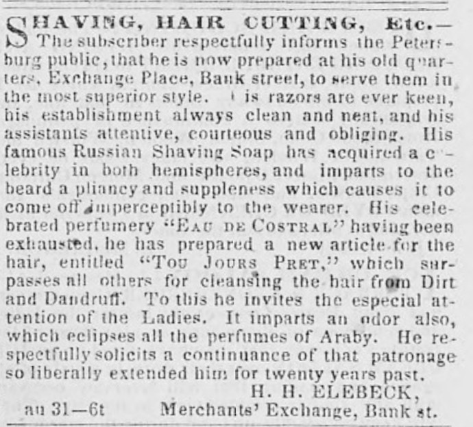 Henry Elebeck advertises his business in the Exchange Building in 1855. From the Library of Virginia.