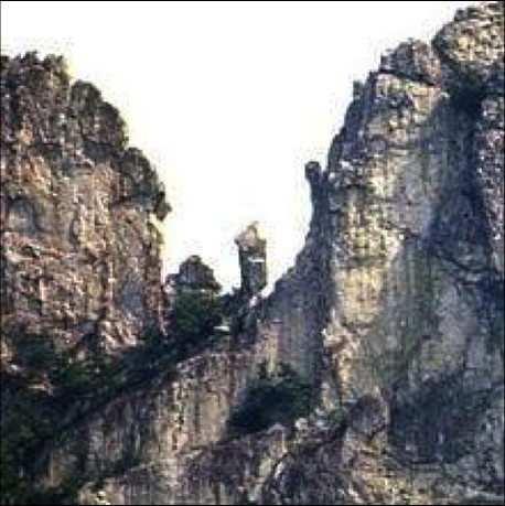 Left, The “Gendarme,” Seneca Rocks, 1985. A gendarme is a rock peak on a mountain that blocks and occupies a ridge of the mountain.
