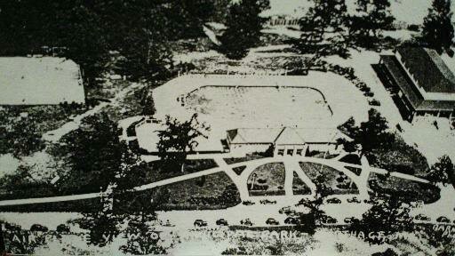 Municipal Park's tennis court, swimming pool and park pavilion (now skating rink) seen in aerial postcard (c.1936-7) from 175th Anniversary of Carthage exhibit at the Powers Museum in 2017.