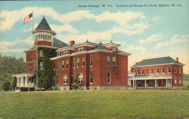 Color postcard of the Jones Cottage at the West Virginia Industrial Home for Girls. The Cottage is Queen Anne in style and was the first building constructed on the campus. The cottage was named in honor of the school's founder, Dr. Harry B Jones