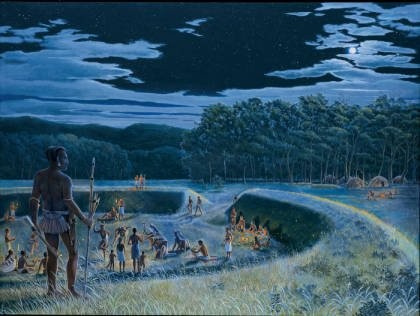 Painting of what an Adena ceremonial gathering may have looked like. Adena culture stretched from Ohio, Indiana, West Virginia, and Kentucky, to parts of Pennsylvania and New York. Courtesy of Ohio History Connection.