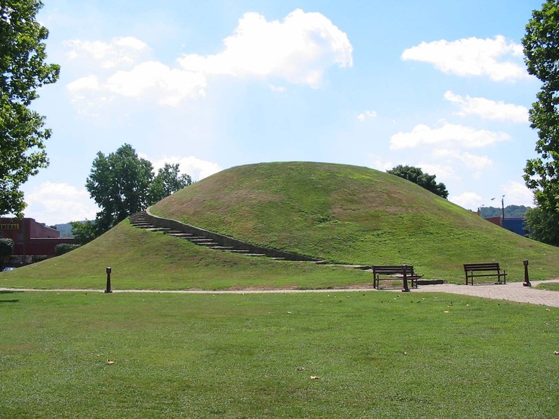 The Adena "Criel" Mound near the Center. A burial mound originally 33-35ft in height, the mound contained a number of human remains arranged in ceremonial fashion when excavated in the 1880s. The Center contains more information on the Adena people.