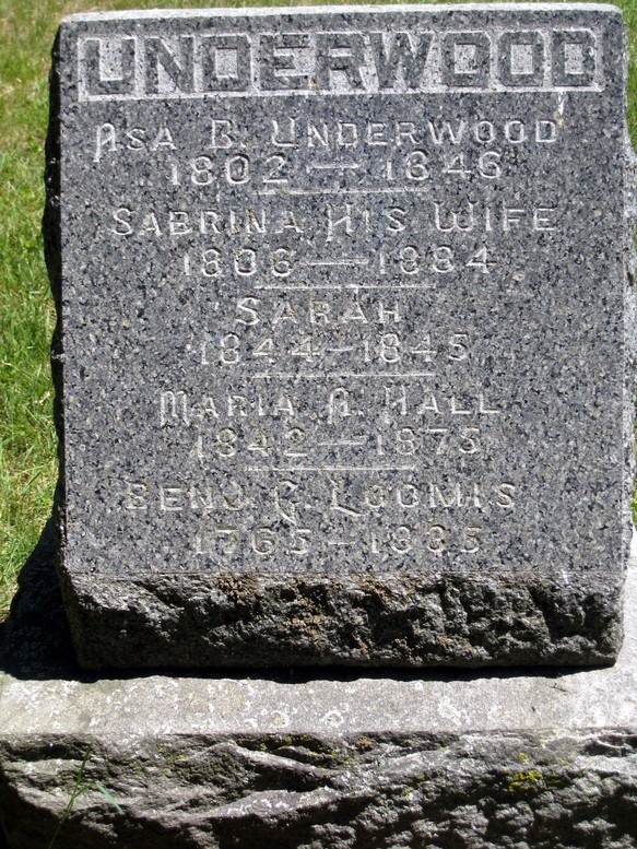 Underwood family monument listing Benjamin Loomis, Mount Avon Cemetery, 2020