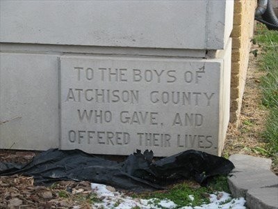 The plaque showing thanks to the men of Atchison County for their service to their country. The Missouri General Assembly supported the memorial building and by providing a grant of matching funds from Atchison County.