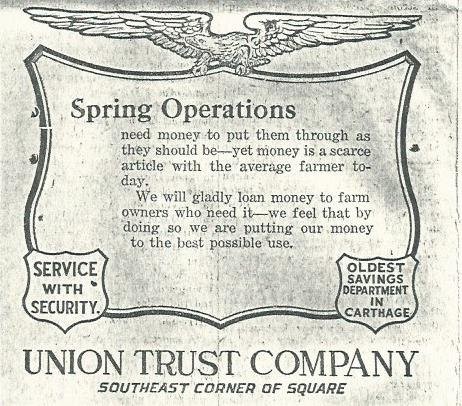 1922 Advertisement from the Union Trust Company from the Carthage Evening Press, 