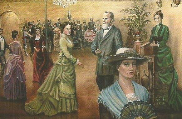 Mural on west wall of the Burlingame and Chaffee Opera House (visible from mall walkway in middle of south side of square). Webb City artist John Biggs painted an 1879 scene that took place at the opera house.