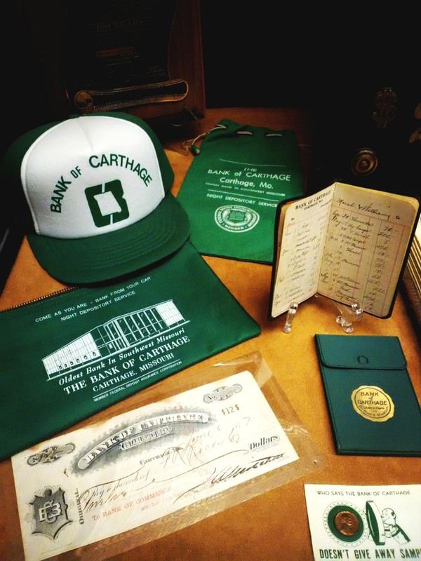 Except for 1887 check and 1920 deposit book in this grouping, all other items are associated with the second Bank of Carthage building and were on display in 175th Anniversary of Carthage Exhibit at Powers Museum in 2017.