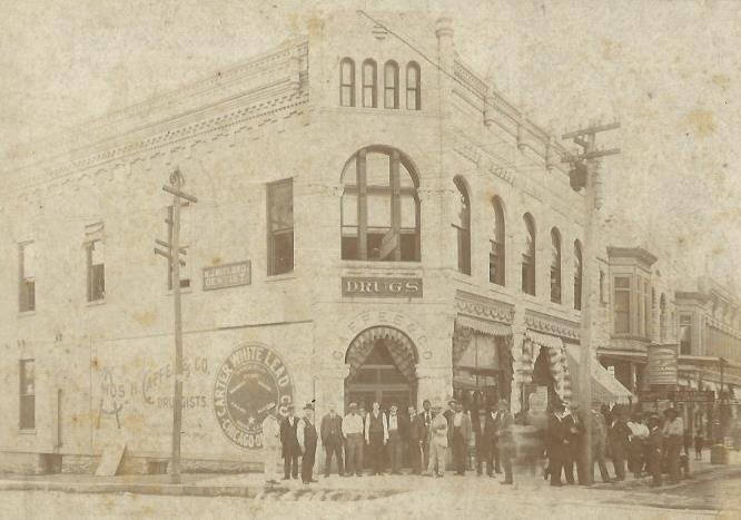 Former Caffee Building that housed the Caffee Drug Company and other drug stores through the years before being torn down for the building of the 1960 Bank of Carthage #2 building. This image is circa 1900.