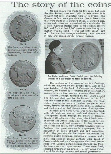 Brochure Bank of Carthage published about the coin sculptures on the building written by Richard Ferguson.