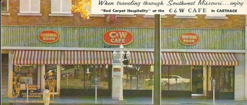 Brochure displayed during 175th Anniversary of Carthage exhibit. Brochure was a promotional piece made by the C & W Cafe to promote Carthage tourism and shows the first floor storefront for the restaurant.