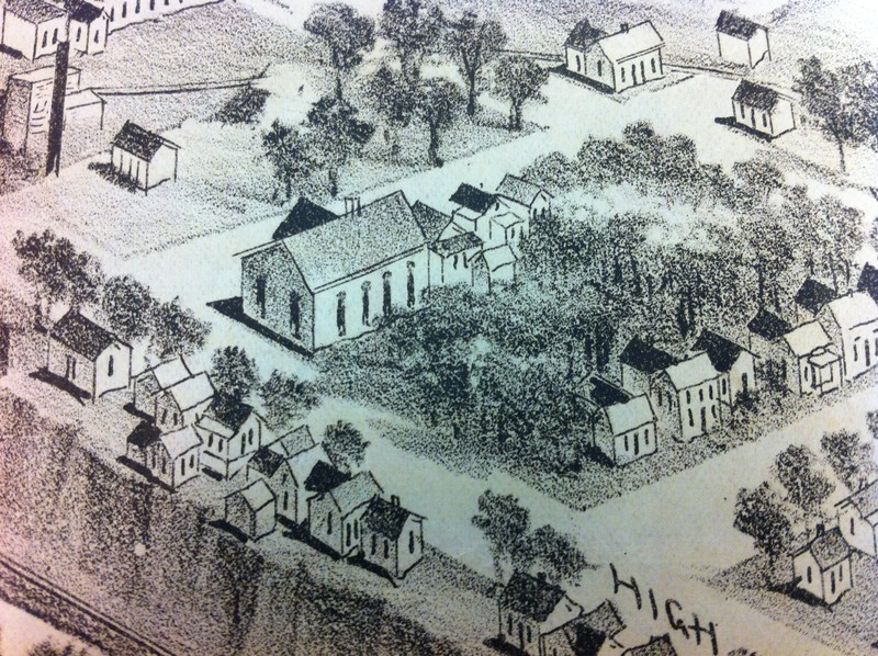 Lincoln School detail from "1891 Bird's-eye View of Carthage, Missouri" print. Print was displayed during the 175th Anniversary of Carthage 2017 exhibit. 