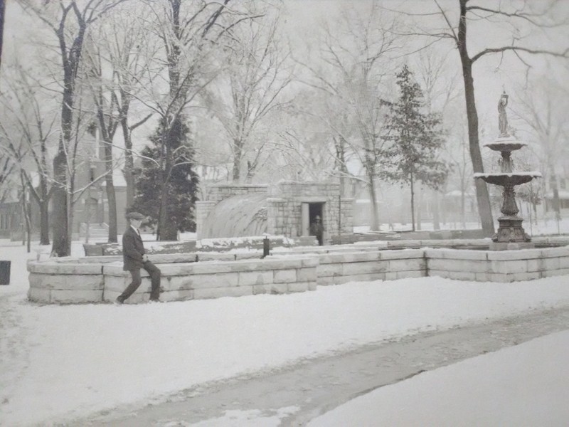 Detail of Central Park fountain as seen in winter from a larger photograph on display in the 175th Anniversary of Carthage 2017 Exhibit at Powers Museum. The photographer was William Weaver and image is circa 1910-15.