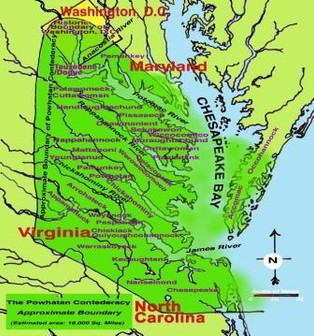 Powhatan Confederacy Territorial Map, courtesy of the Powhatan Museum of Indigenous Arts and Culture (image reproduced under Fair Use)