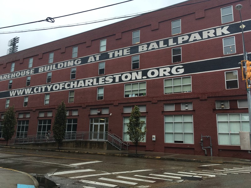 Appalachian Power Park Building,  601 Morris Street, Charleston WV;  corner of Morris & Lewis Street;  location of display regarding "The Block" and other wall displays of African American history of Charleston WV. 