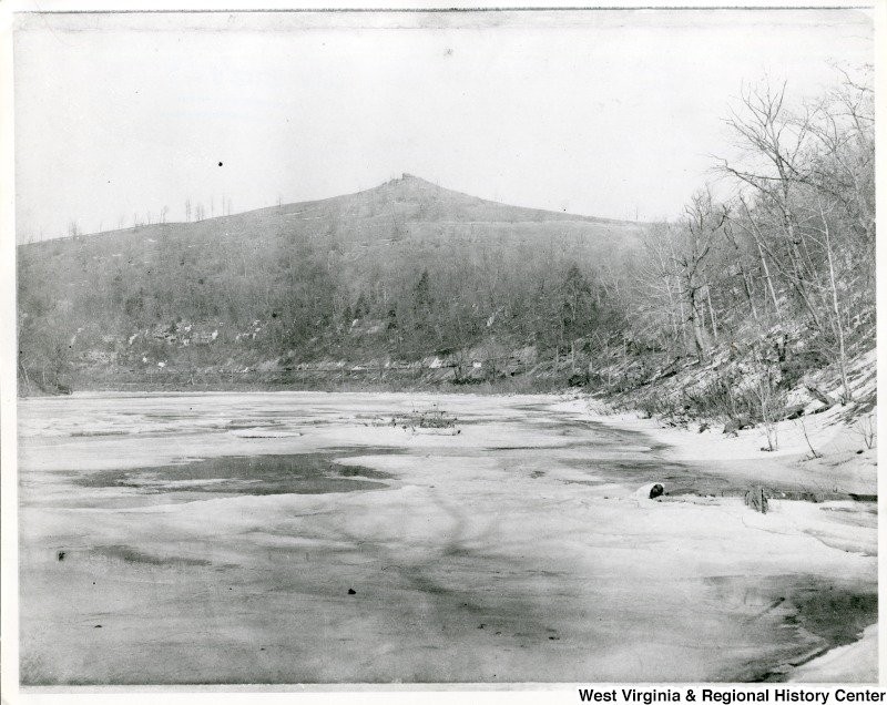 Undated photo of Dorsey's Knob, viewed from a frozen Monongahela River.