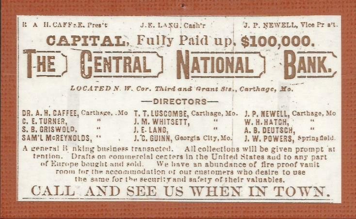 1891 Advertisement for Central National Bank.