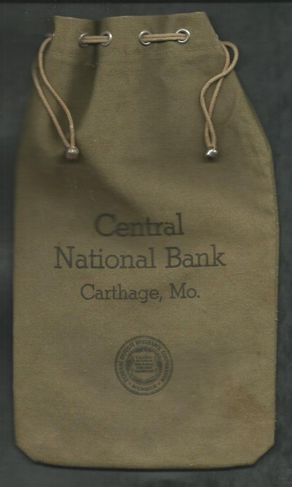 Central National Bank bag displayed during the 175th Anniversary of Carthage Exhibit at  Powers Museum in 2017.
