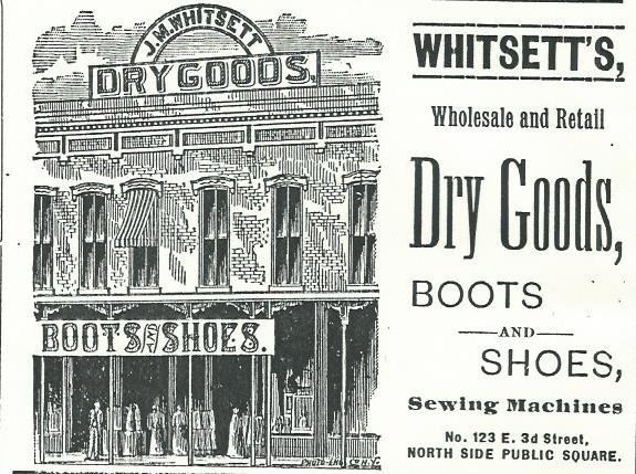 J M Whitsett's Dry Goods ad from 1888 Carthage City Directory. Former Powers Museum exhibit mount.