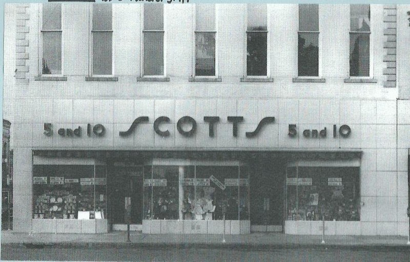 Later occupant of the building was Scott's 5 and 10 Store. This image shows attempt to modernize the building's first floor storefront in the 1940s. 