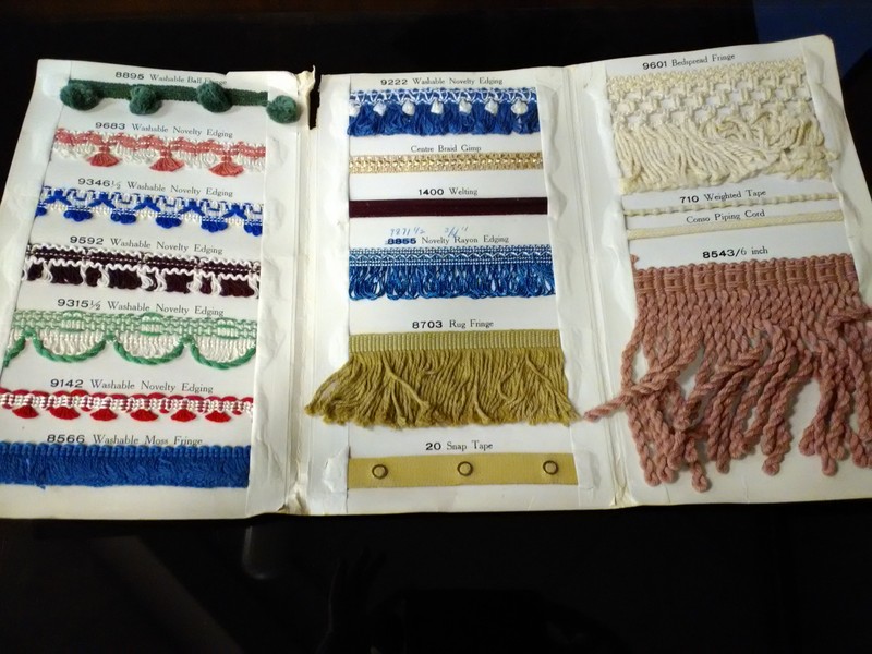 Trim samples as ordered and sold by Scotts 5 and 10 Cent store as displayed in 175th Anniversary of Carthage exhibit in 2017. These goods were manufactured by Montgomery Mills, Inc., of New York City and date from late 1940s.