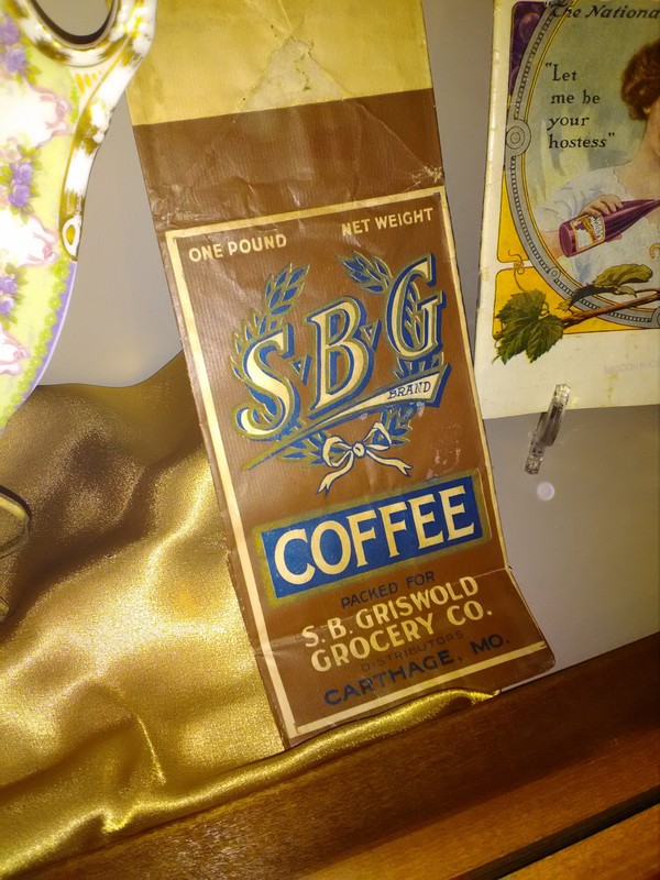 Griswold Grocery coffee bag, 1910, displayed in 175th Anniversary of Carthage Exhibit at  Powers Museum in 2017.