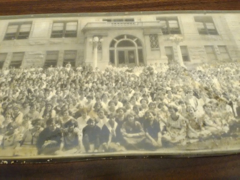 1920s photograph of students outside the main entrance of CHS that was part of the 175th Anniversary of Carthage Exhibit at the Powers Museum (2017).