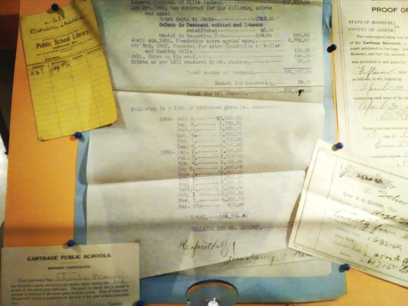 Papers associated with the construction of 1906 Carthage High School on displayed in 175th Anniversary of Carthage exhibit.