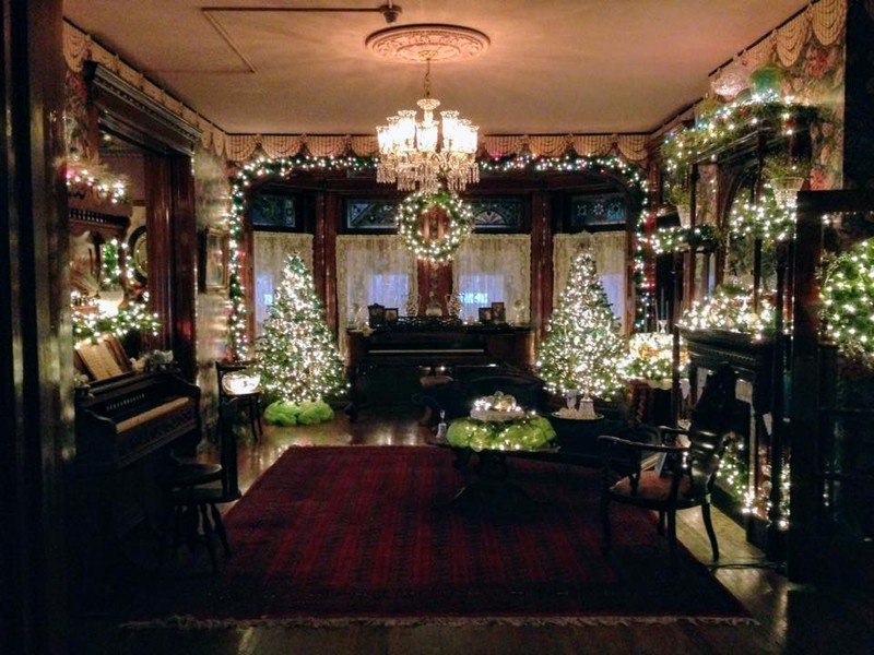 The historic home decorated for the holidays